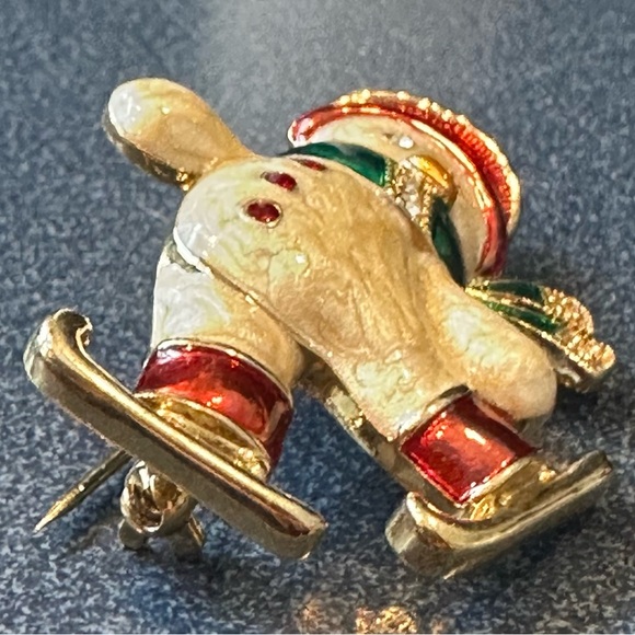 Monet Festive Skating Figures Snowman Brooch with Red Green White & Gold Accents - Picture 9 of 9